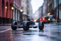 electric skateboard with wireless remote control on urban street