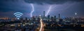 Electric Sky Meets Digital City: Thunderstorm Illuminates Wireless Urban Connectivity Royalty Free Stock Photo