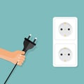 Electric socket with man hand icon in flat style. Connection symbol vector illustration on isolated background. Power socket sign Royalty Free Stock Photo