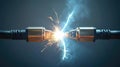 Electric Spark Connecting Two Cables in Darkness. Royalty Free Stock Photo