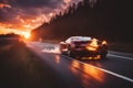 electric sport car ev battery explosion burn fire flames, sunset in the motorway