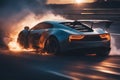 electric sport car ev battery explosion burn fire flames, sunset in the motorway Royalty Free Stock Photo