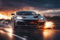 electric sport car ev battery explosion burn fire flames, sunset in the motorway Royalty Free Stock Photo