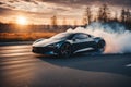 electric sport car ev battery explosion burn fire flames, sunset in the motorway Royalty Free Stock Photo