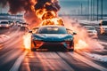 electric sport car ev battery explosion burn fire flames, sunset in the motorway