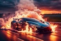 electric sport car ev battery explosion burn fire flames, sunset in the motorway Royalty Free Stock Photo