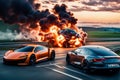 electric sport car ev battery explosion burn fire flames, sunset in the motorway Royalty Free Stock Photo