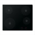 Electric stove induction cooktop with four power boost burners. Domestic equipment. Realistic smooth surface ceramic black glass.