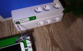 Electric surge protector Close-up and power supply details