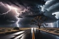 Electric Symphony: Thunderstorm Illuminating a Desolate Highway, Jagged Lightning Striking Near a Lone Withered Tree Royalty Free Stock Photo