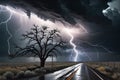 Electric Symphony: Thunderstorm Illuminating a Desolate Highway, Jagged Lightning Striking Near a Lone Withered Tree