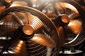 Electric table fan spinning, blurry blades closeup, copper color. Generative AI