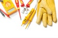 Electric tester digital multimeter wire strippers leathergloves isolated Royalty Free Stock Photo