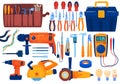 Electric tools set, equipment, pliers for stripping wire, wire cutters, screwdrivers and multimeter, electrical tape