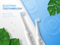 Electric toothbrush on minimal surface. Ad banner design. Realistic dental oral product for health and hygiene. Tooth