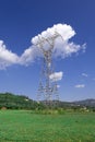 Electric tower against a blue sky and some white clouds in a field. Clean energy concept and empty copy space
