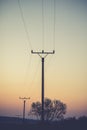 Electric tower cable nature landscape trees energy industry sunset mist