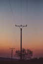 Electric tower cable nature landscape trees energy industry sunset mist