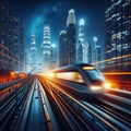 Electric train in China speeding at night, lights cutting through the darkness Royalty Free Stock Photo