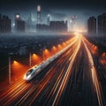 Electric train in China speeding at night, lights cutting through the darkness Royalty Free Stock Photo
