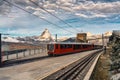 The electric train with Matterhorn mountain on summit at Gornergrat station Royalty Free Stock Photo