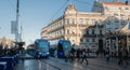 Electric tram stopped at Place de la Comedie in Montpellier Royalty Free Stock Photo