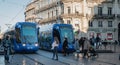 Electric tram stopped at Place de la Comedie in Montpellier Royalty Free Stock Photo