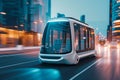 An electric tram traverses a busy city street, illuminating the surrounding area with its bright lights, Autonomous electric Royalty Free Stock Photo