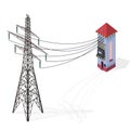 Electric transformer isometric building info graphic. High-voltage power station with electricity pylon. Royalty Free Stock Photo