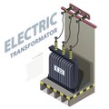 Electric transformer isometric building info graphic. High-voltage power station. Royalty Free Stock Photo