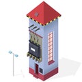 Electric transformer isometric building info graphic. High-voltage power station.