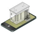 Electric transformer isometric building in mobile phone. Outlined 3d planning of vector high-voltage power station in communicatio