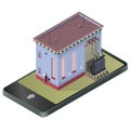 Electric transformer isometric building in mobile phone. Vector high-voltage power station in communication technology paraphrase.