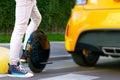 Electric transport compare to diesel fuel cars. Electric balancing unicycle Royalty Free Stock Photo