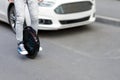 Electric transport compare to diesel fuel cars. Electric balancing unicycle Royalty Free Stock Photo