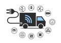 Electric truck symbol with power plug and various icons.