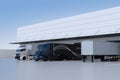 Electric trucks parking in front of modern logistics center
