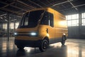 Electric Van Delivering in warehouse. Electric cargo van.