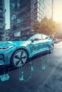 Electric vehicle changing on street parking with graphical user interface, Future EV car concept AI generated