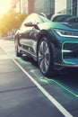 Electric vehicle changing on street parking with graphical user interface, Future EV car concept AI generated