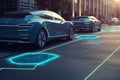 Electric vehicle changing on street parking with graphical user interface, Future EV car concept AI generated