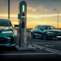 Electric vehicle chargers are plugged into modern cars. Royalty Free Stock Photo