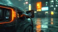 Electric Vehicle Charging in Rainy City Night Royalty Free Stock Photo