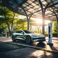 Electric vehicle charging at a solar-powered station Royalty Free Stock Photo