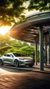 Electric vehicle charging at a solar-powered station Royalty Free Stock Photo