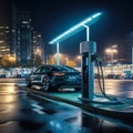 Electric vehicle charging at a solar-powered station Royalty Free Stock Photo