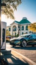 Electric vehicle charging at a solar-powered station Royalty Free Stock Photo