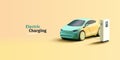 Electric Vehicle at charging station 3d render illustration. Modern SUV simplified car illustration and power station to