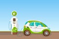 Electric vehicle and charging station. Eco car vector cartoon illustration. Ecology transport and green energy concept