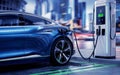 Electric Vehicle at a Charging Station in Urban Setting - Generated by AI Royalty Free Stock Photo